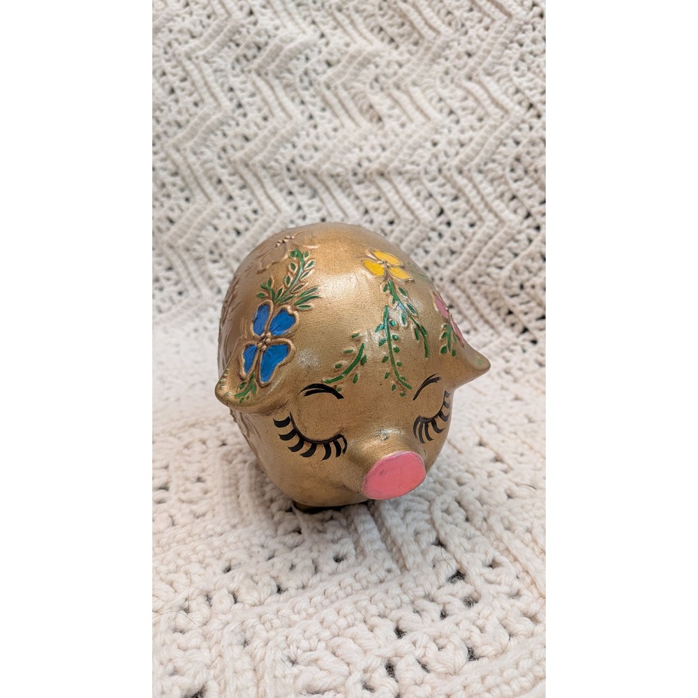 Vintage Gold Floral Ceramic Piggy Decor Hand Painted Flowers Metallic Coin Bank